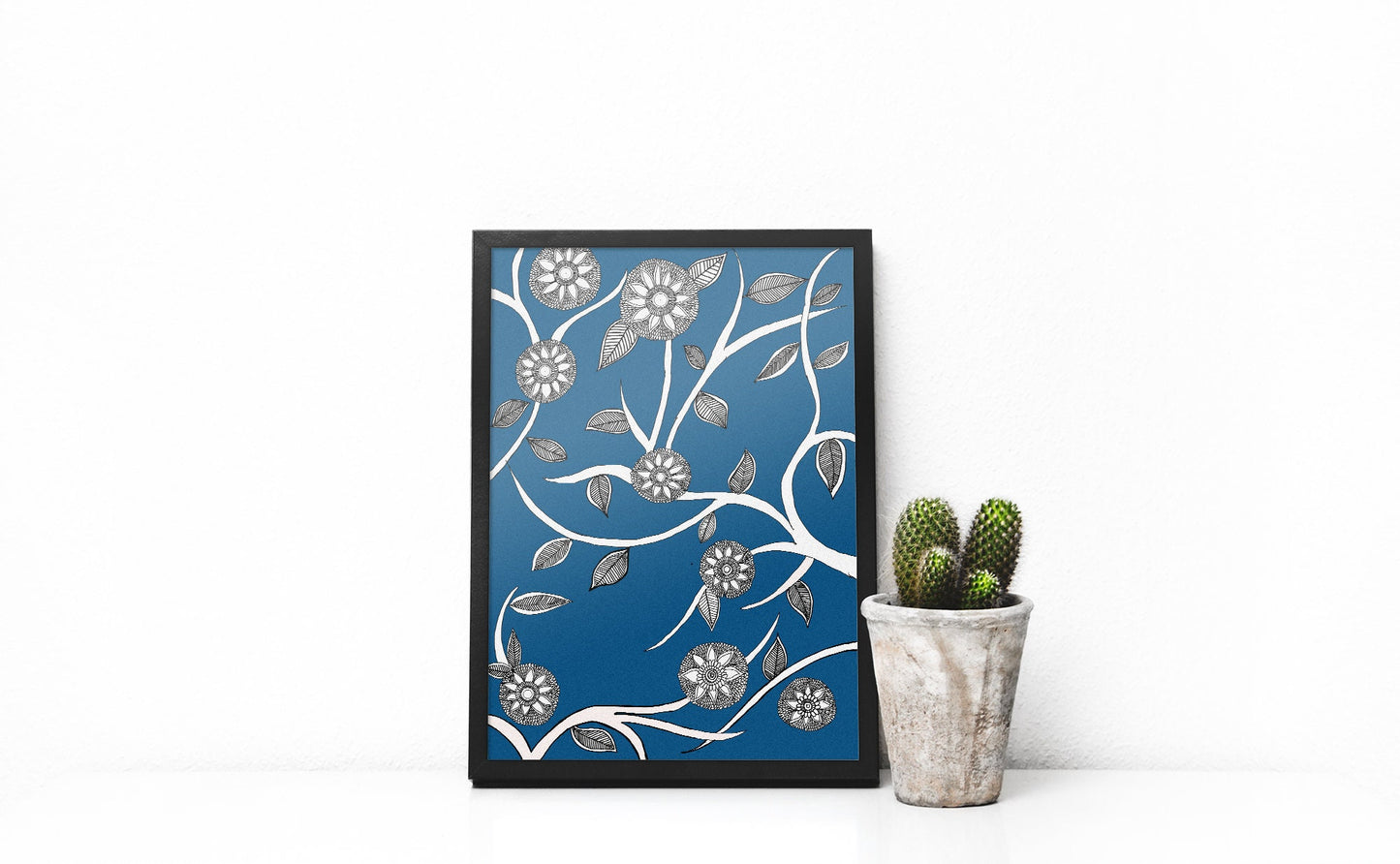 Blue Floral Folk Art | Indian Art | Mid Century Modern Home Decor |High Quality Wall Decor| Nature| Art Print  | Drawing | Contemporary