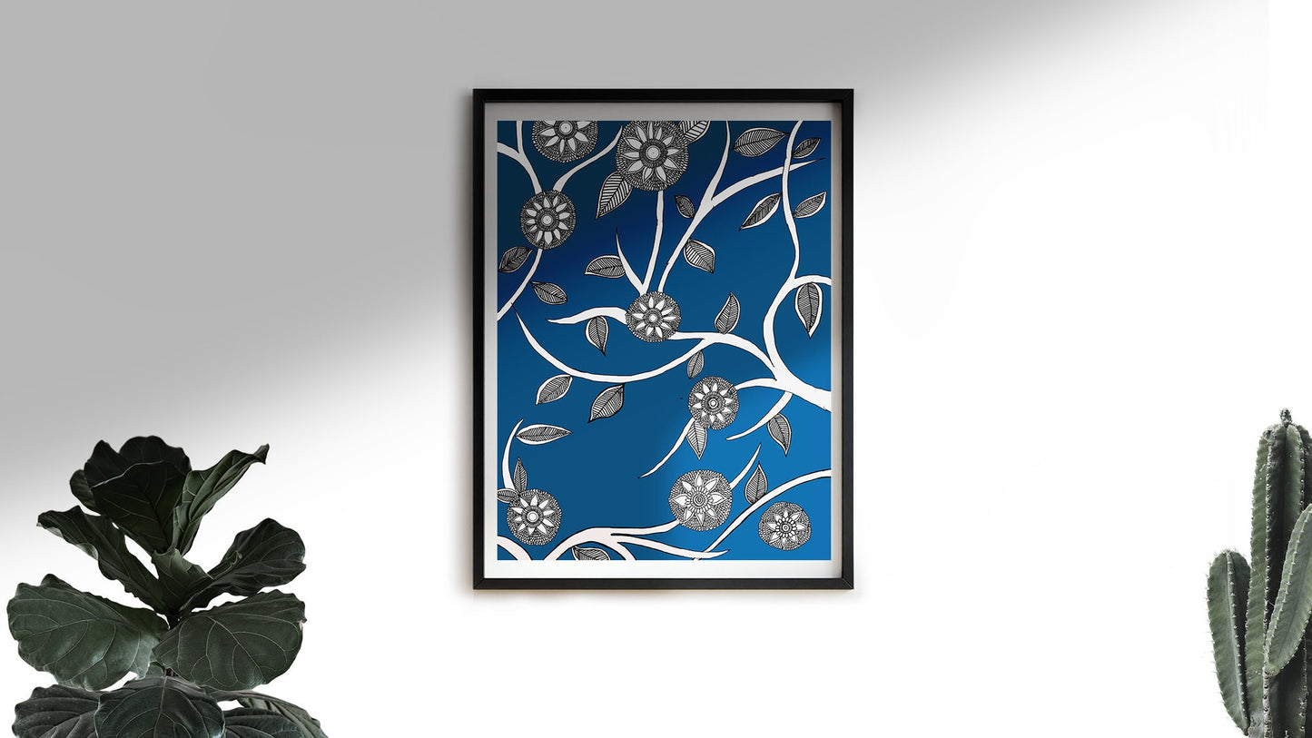 Blue Floral Folk Art | Indian Art | Mid Century Modern Home Decor |High Quality Wall Decor| Nature| Art Print  | Drawing | Contemporary