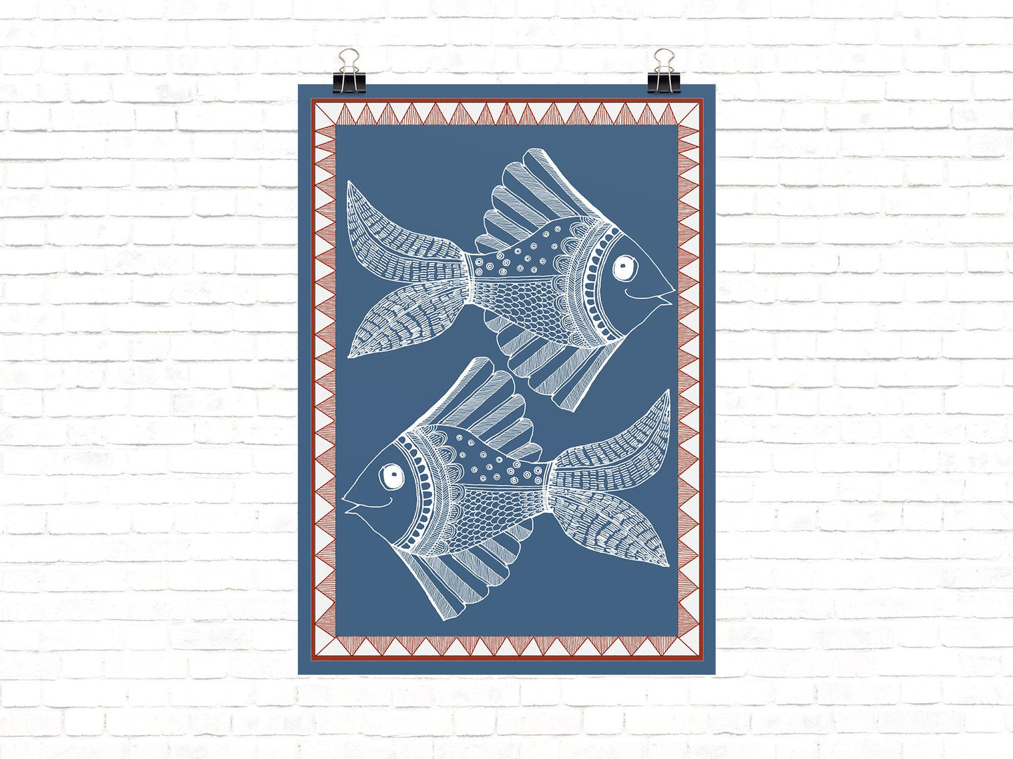 Blue Fish Folk Art | Indian Art | Mid Century Modern Home Decor |High Quality Wall Decor| Nature| Art Print  | Drawing | Contemporary