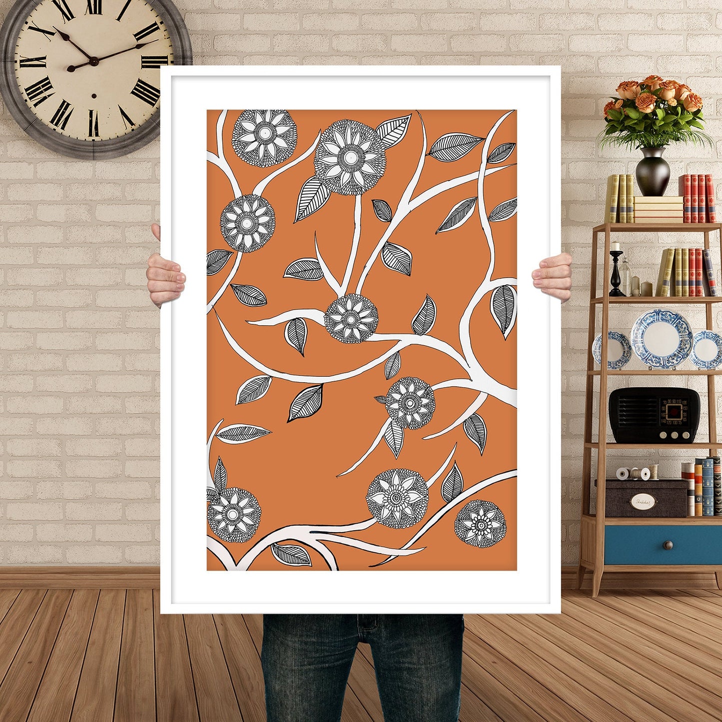 Orange Floral Madhubani Folk Art | Indian Art | Mid Century Modern Home Decor| Nature| Art Print  | Drawing | Contemporary