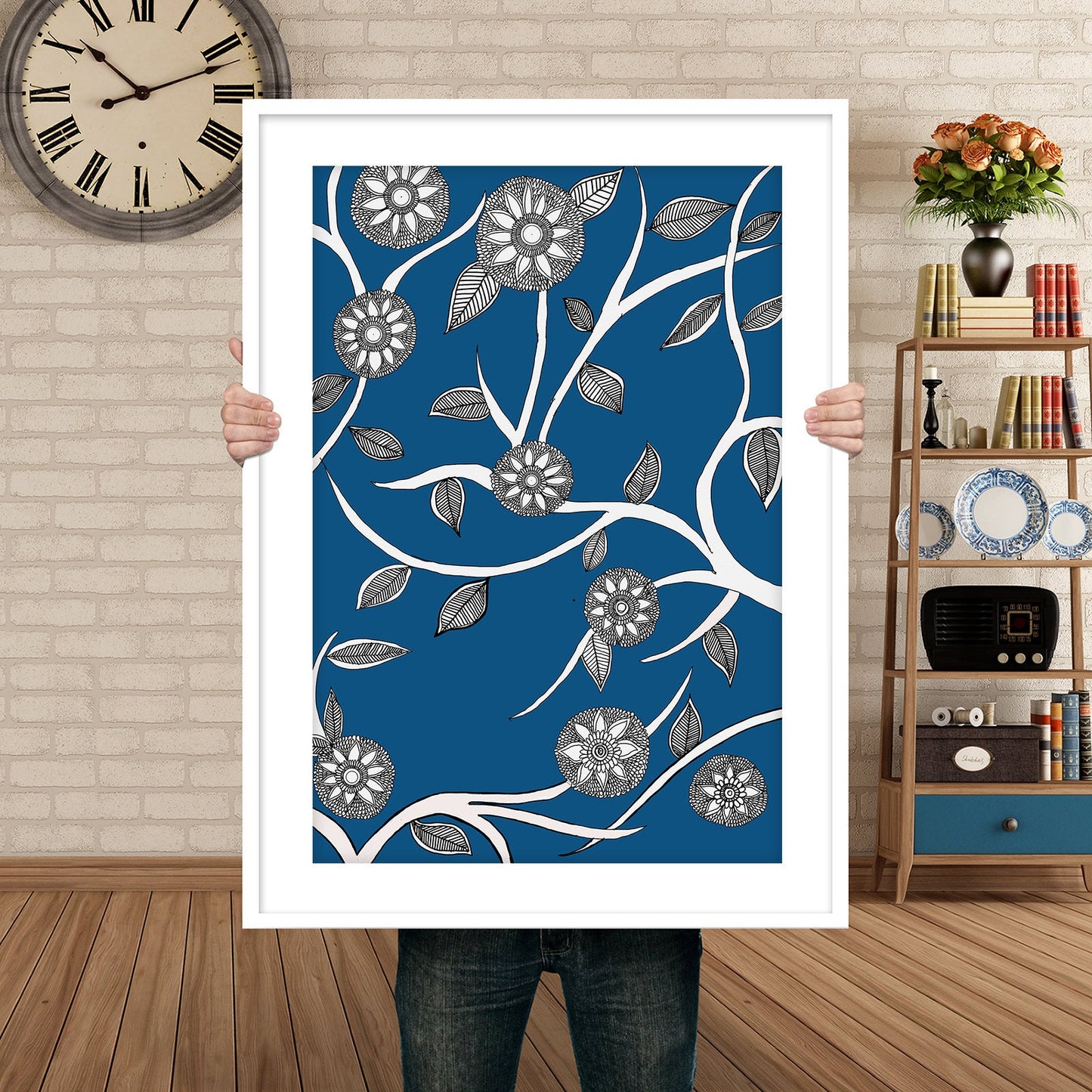 Blue Floral Folk Art | Indian Art | Mid Century Modern Home Decor |High Quality Wall Decor| Nature| Art Print  | Drawing | Contemporary