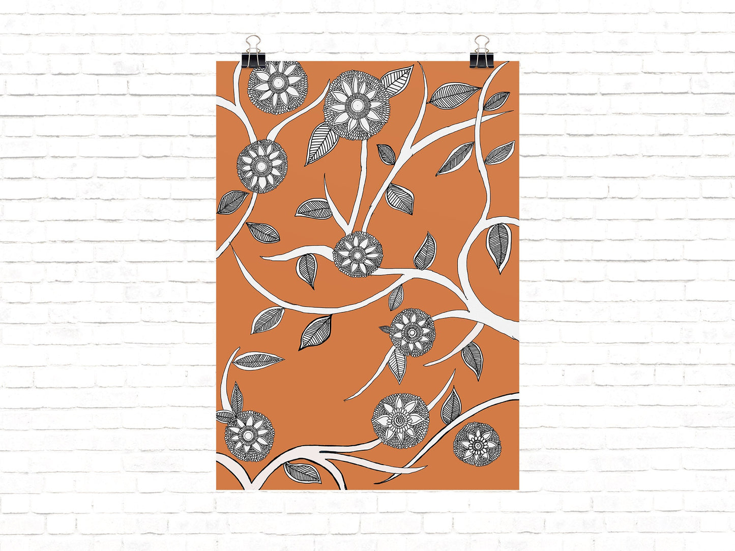 Orange Floral Madhubani Folk Art | Indian Art | Mid Century Modern Home Decor| Nature| Art Print  | Drawing | Contemporary
