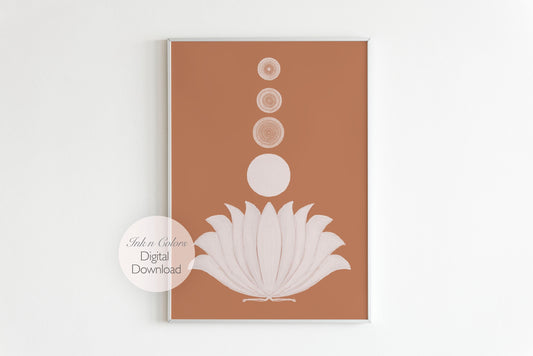 Lotus, Indian Folk Art, South asian art, Terracotta colors, Floral design, Instant print, Symbolic art, Housewarming gift, Wall art, Minimal