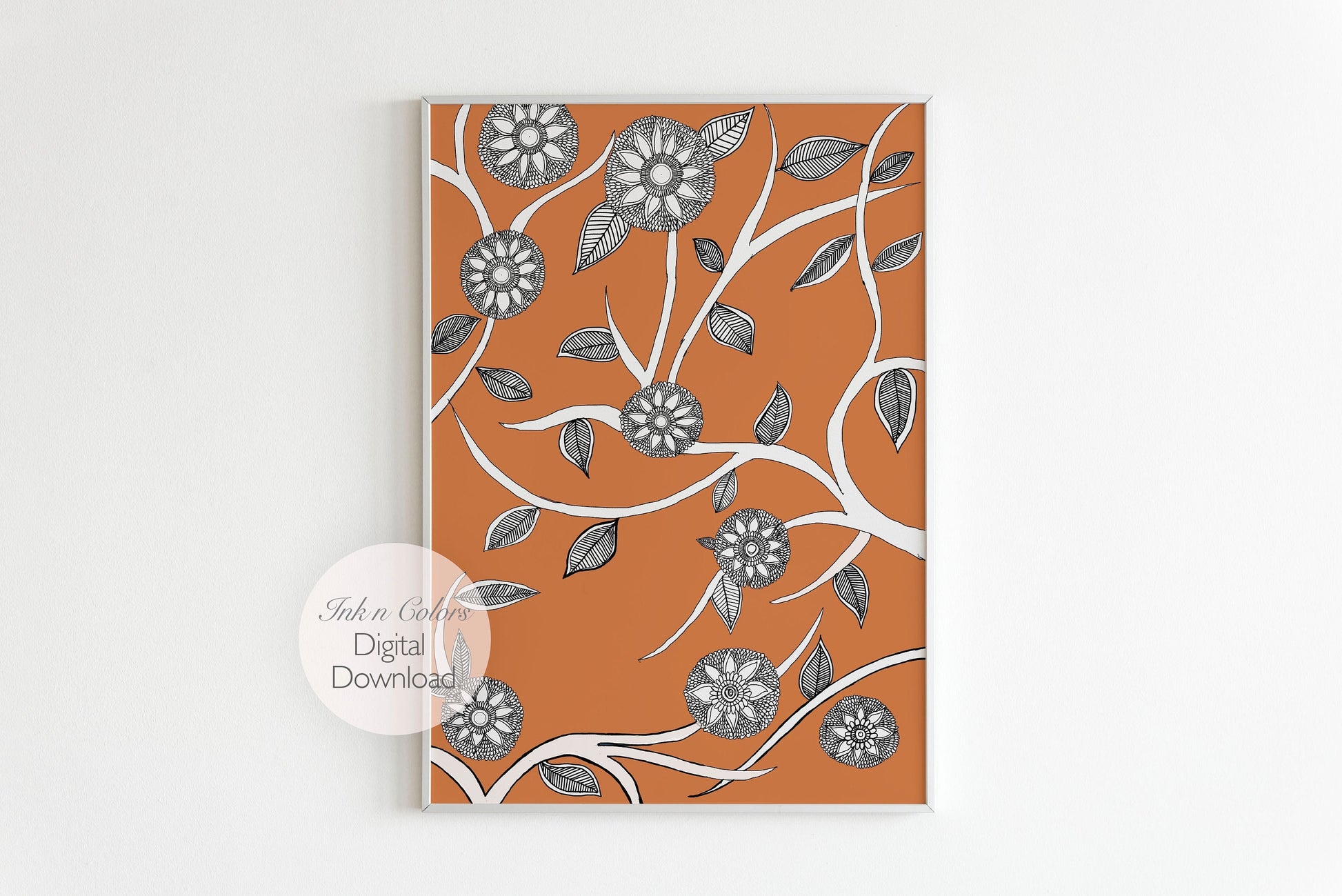 Orange Floral Madhubani Folk Art | Indian Art | Mid Century Modern Home Decor| Nature| Art Print  | Drawing | Contemporary