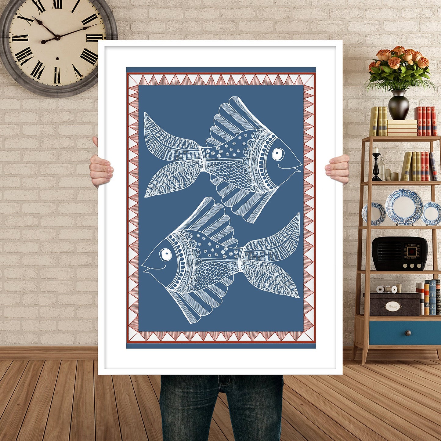 Blue Fish Folk Art | Indian Art | Mid Century Modern Home Decor |High Quality Wall Decor| Nature| Art Print  | Drawing | Contemporary