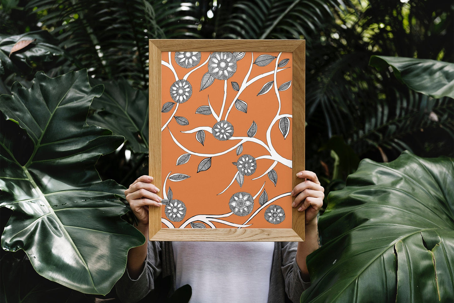 Orange Floral Madhubani Folk Art | Indian Art | Mid Century Modern Home Decor| Nature| Art Print  | Drawing | Contemporary