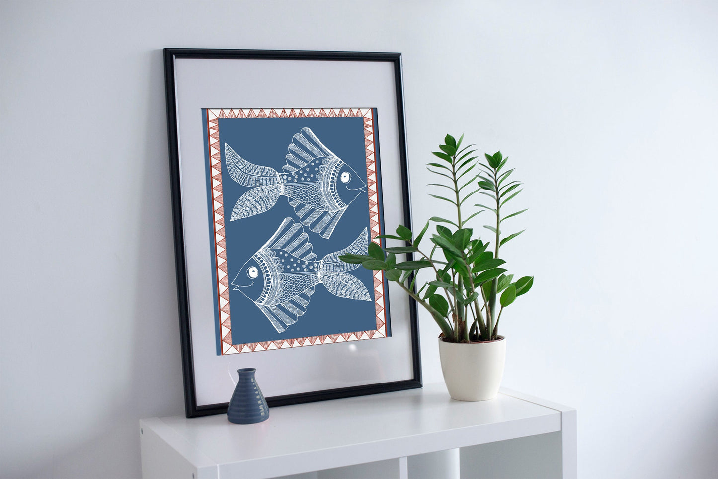 Blue Fish Folk Art | Indian Art | Mid Century Modern Home Decor |High Quality Wall Decor| Nature| Art Print  | Drawing | Contemporary