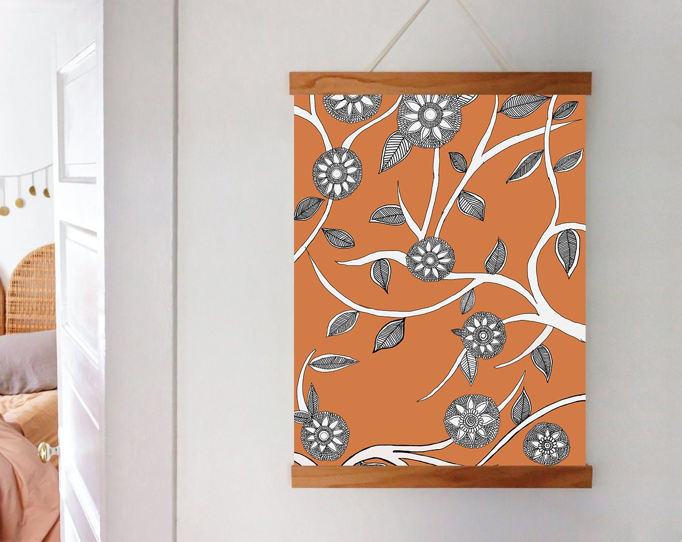 Orange Floral Madhubani Folk Art | Indian Art | Mid Century Modern Home Decor| Nature| Art Print  | Drawing | Contemporary