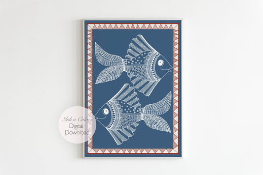 Blue Fish Folk Art | Indian Art | Mid Century Modern Home Decor |High Quality Wall Decor| Nature| Art Print  | Drawing | Contemporary