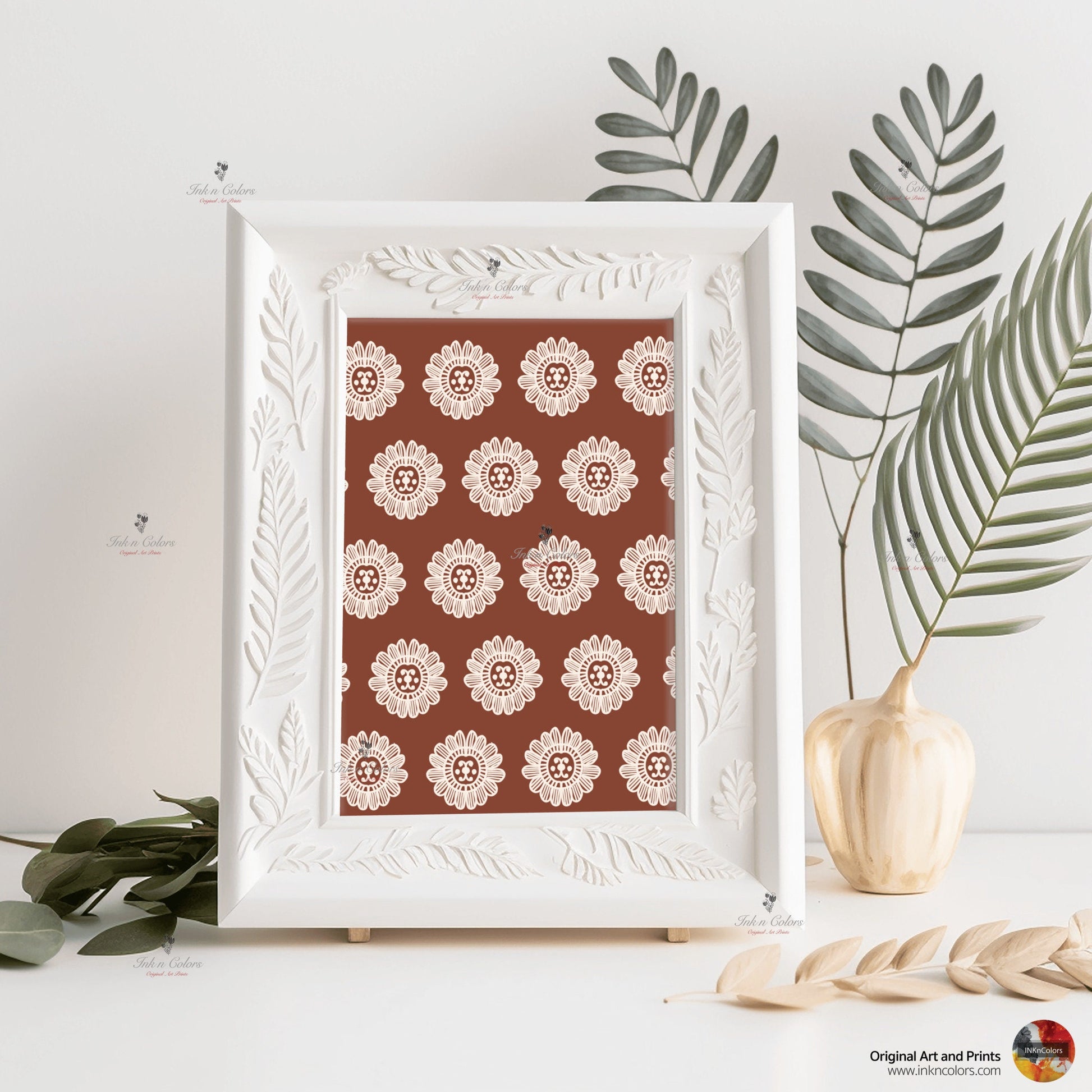 Floral wall art,Terracotta Artwork,Madhubani, India Poster,Printable art ,flower wall art,illustration,India Art work,Folk art painting