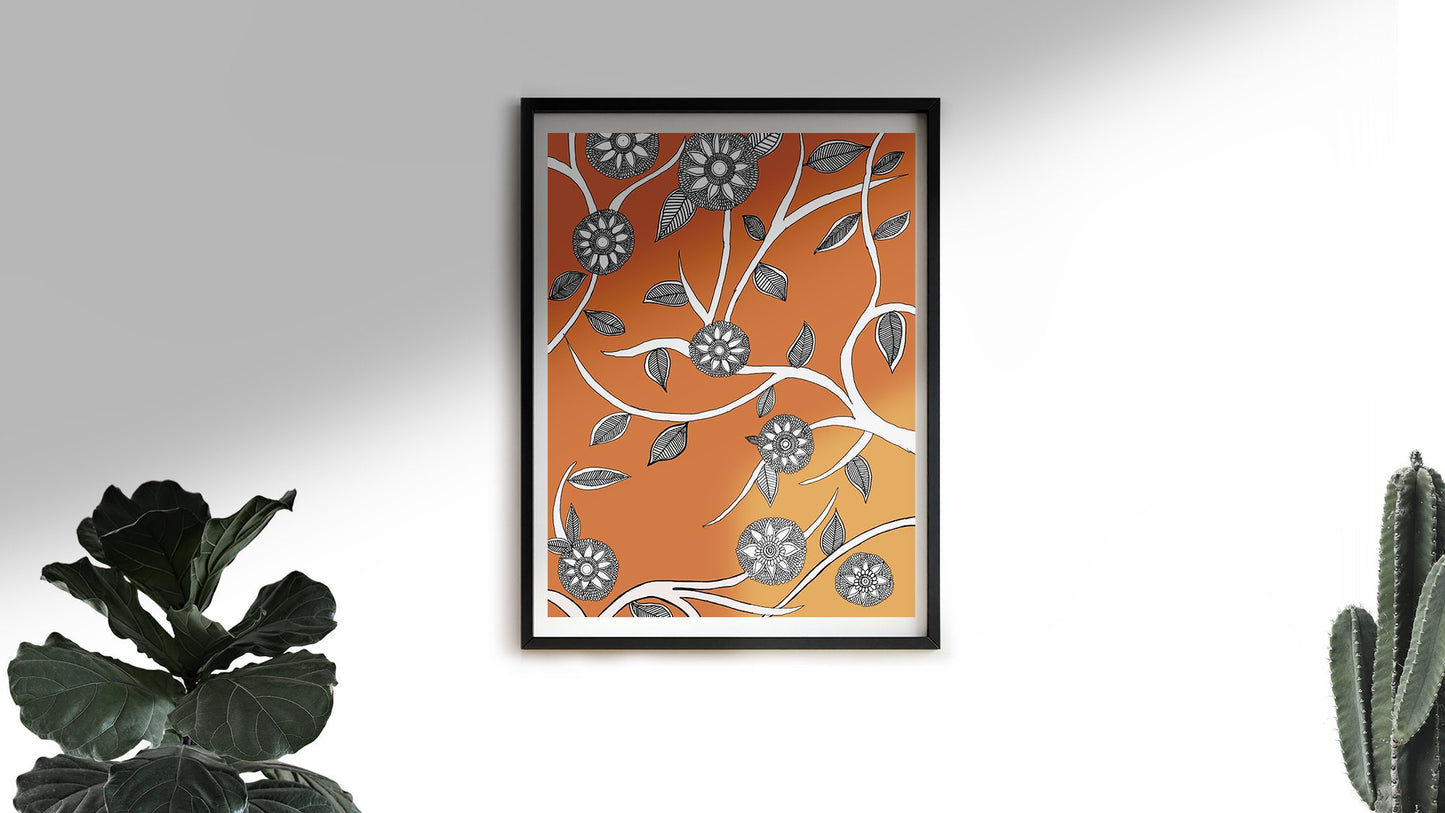 Orange Floral Madhubani Folk Art | Indian Art | Mid Century Modern Home Decor| Nature| Art Print  | Drawing | Contemporary