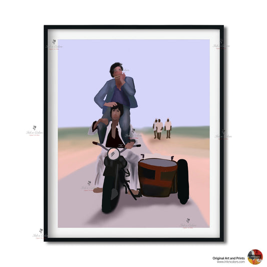 Bollywood Art,Sholay - Bike Scene,Amitabh,Movie Poster,Indian Films,Wall Decor,Desi Art Print,Drawing,Vintage film Poster,,UNFRAMED Art Prin