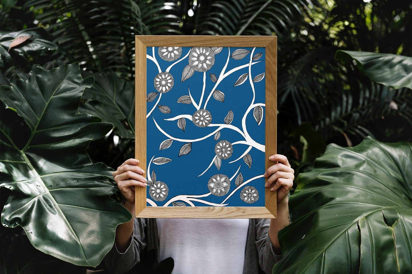Blue Floral Folk Art | Indian Art | Mid Century Modern Home Decor |High Quality Wall Decor| Nature| Art Print  | Drawing | Contemporary