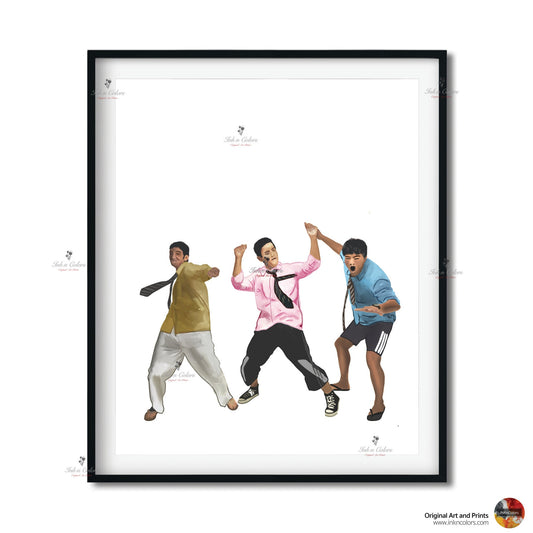Bollywood Art,3 Idiots,Movie Poster,Indian Films,Wall Decor,Desi Art Print,Drawing,Retro Poster,Vintage film Poster,UNFRAMED Art Print