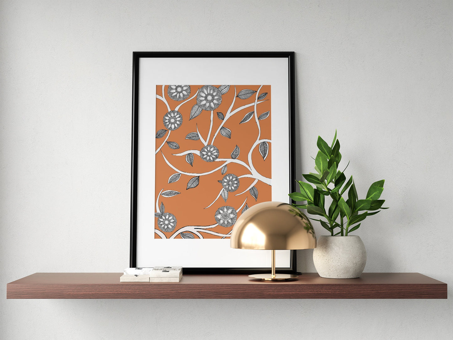 Orange Floral Madhubani Folk Art | Indian Art | Mid Century Modern Home Decor| Nature| Art Print  | Drawing | Contemporary