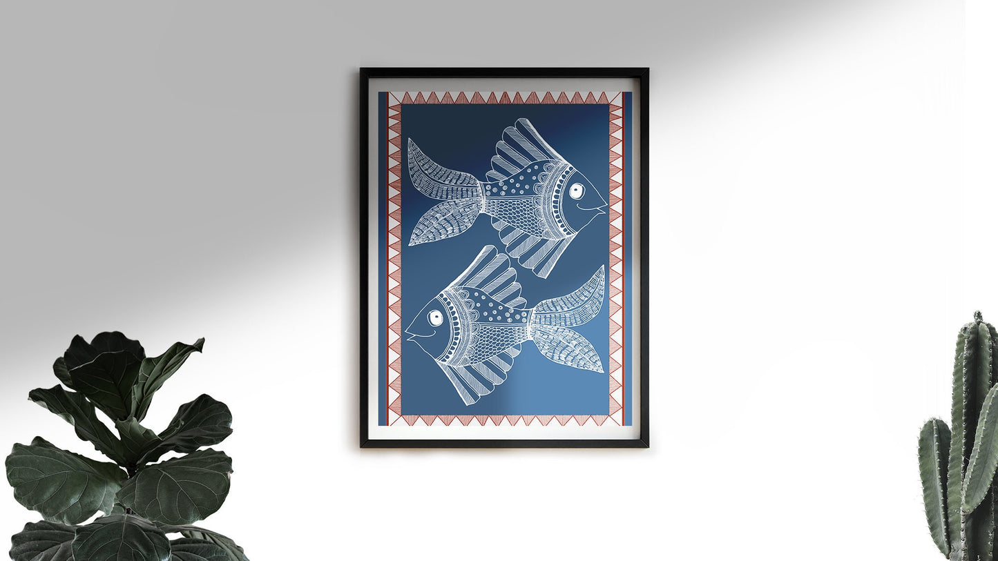Blue Fish Folk Art | Indian Art | Mid Century Modern Home Decor |High Quality Wall Decor| Nature| Art Print  | Drawing | Contemporary