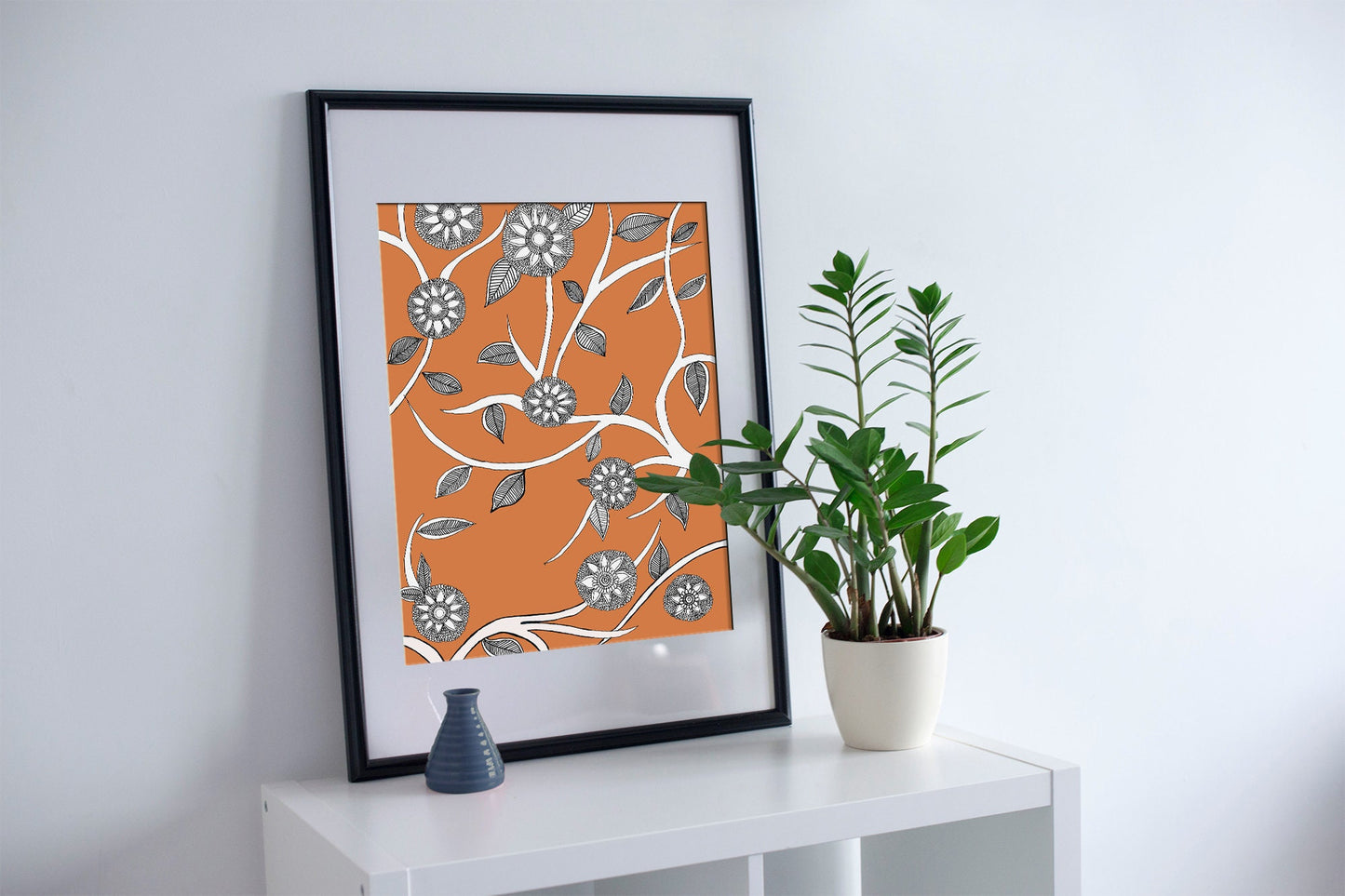 Orange Floral Madhubani Folk Art | Indian Art | Mid Century Modern Home Decor| Nature| Art Print  | Drawing | Contemporary