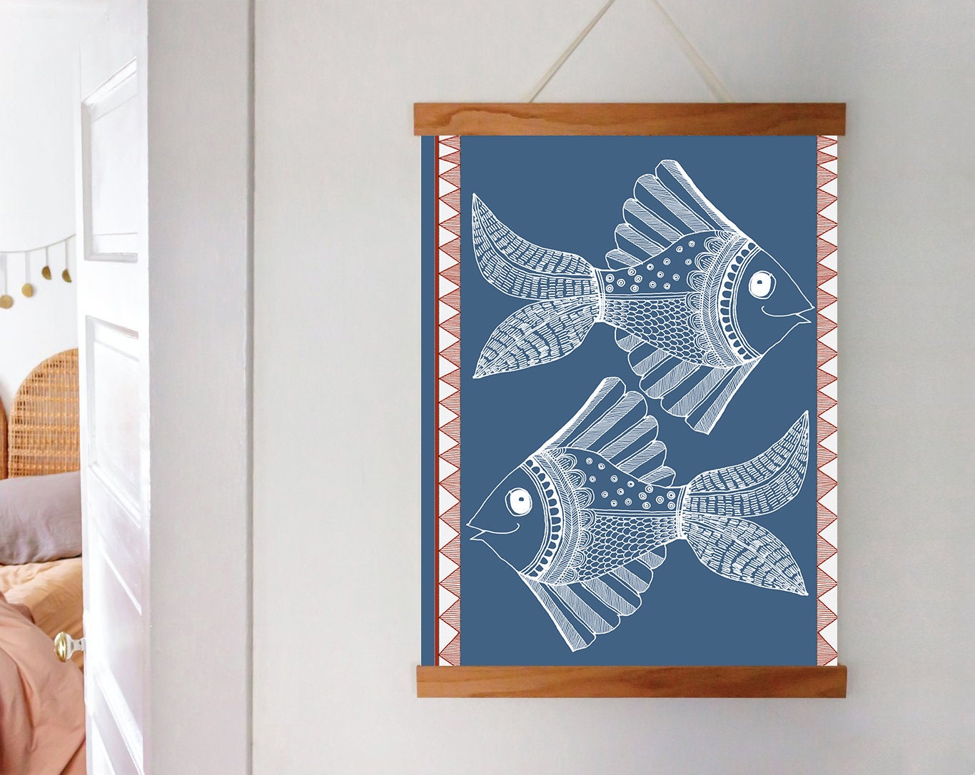 Blue Fish Folk Art | Indian Art | Mid Century Modern Home Decor |High Quality Wall Decor| Nature| Art Print  | Drawing | Contemporary