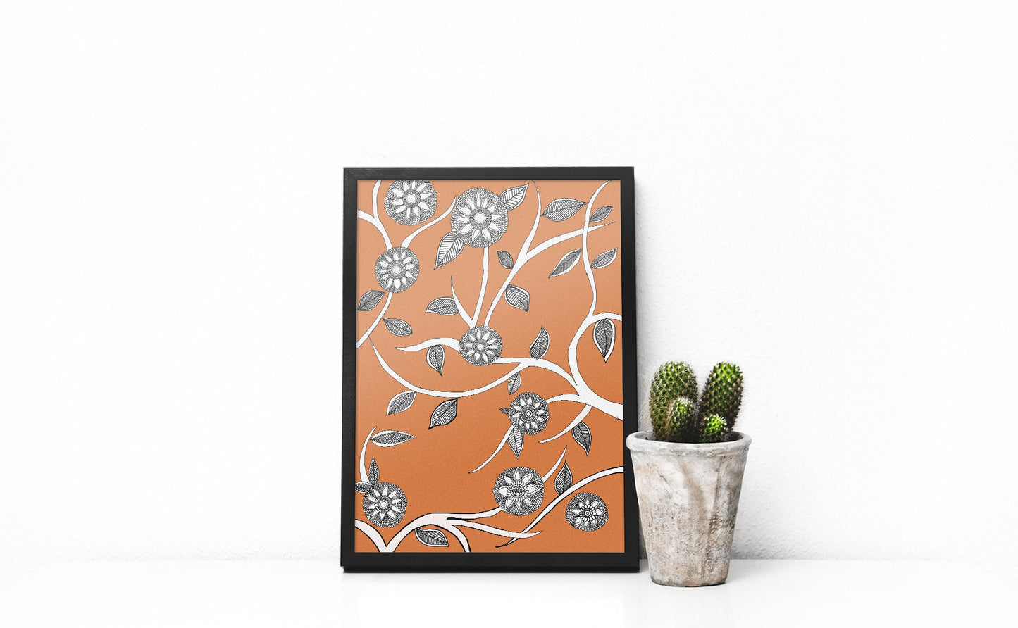 Orange Floral Madhubani Folk Art | Indian Art | Mid Century Modern Home Decor| Nature| Art Print  | Drawing | Contemporary