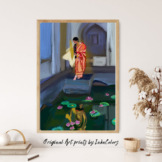 Woman in Bridal Sari, Digital oil Painting, South Asian Bride Art, Brown Girl, Modern Indian Female Art,Desi Art,Indian home decor,Printable