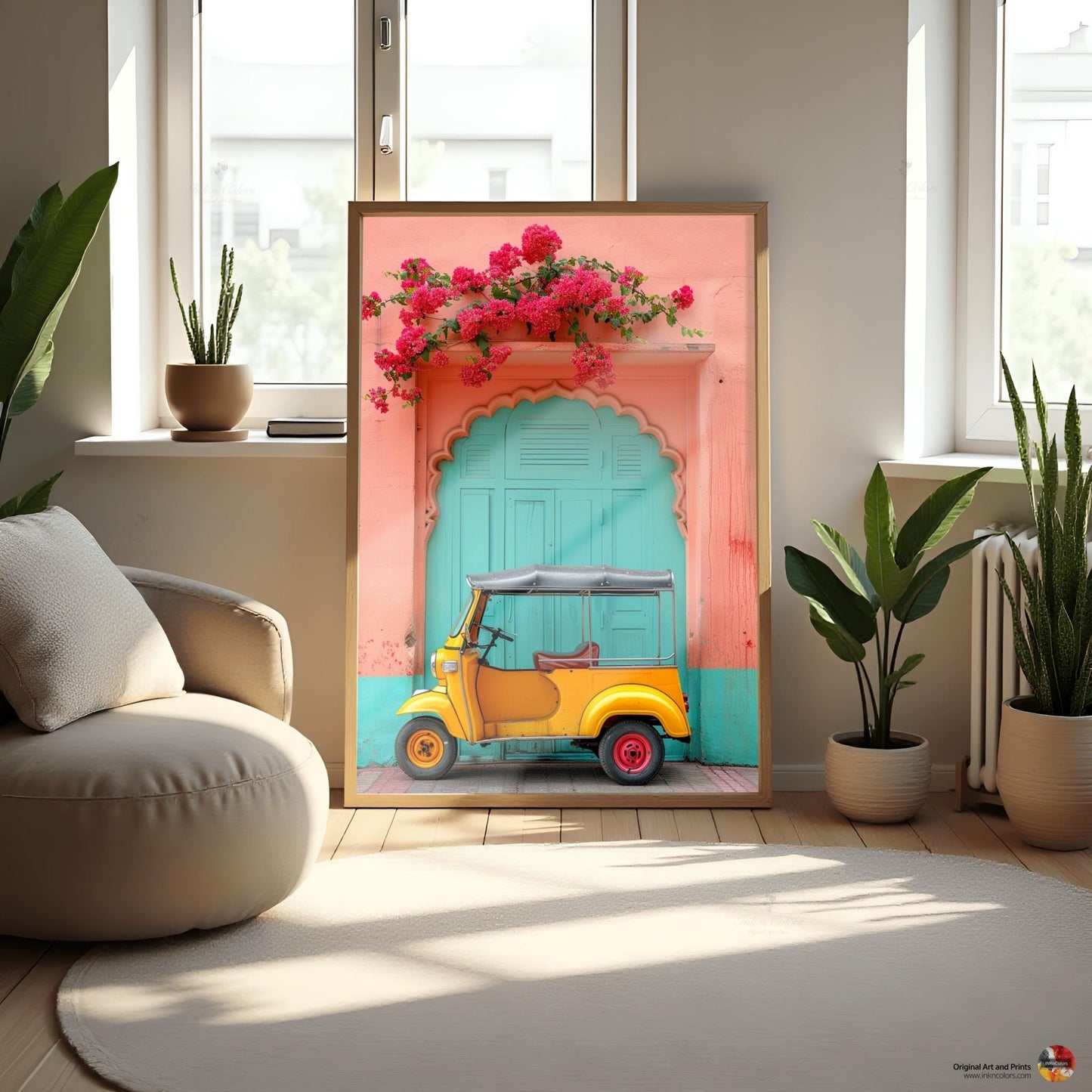 Desi poster art, Digital Painting, Bougainvillea and Tuk Tuk travel print, Modern Indian colorful Art,Desi Art,Indian home decor,Printable