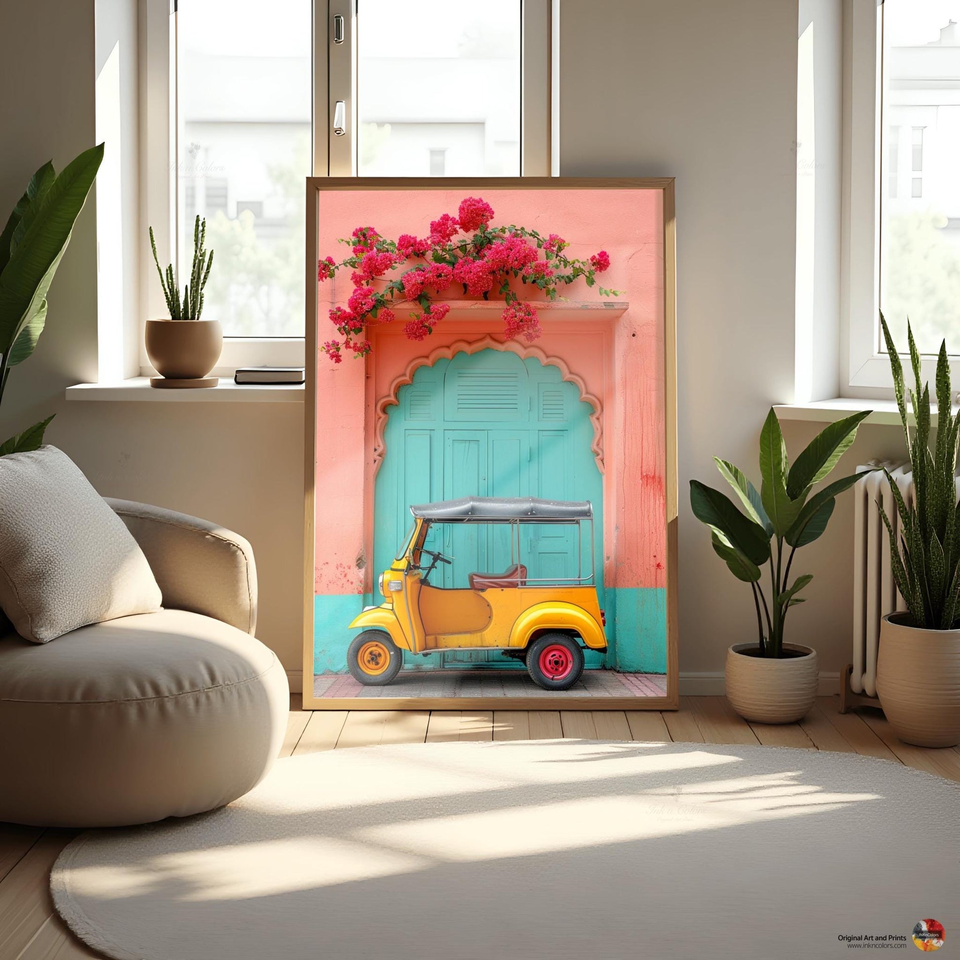 Desi poster art, Digital Painting, Bougainvillea and Tuk Tuk travel print, Modern Indian colorful Art,Desi Art,Indian home decor,Printable