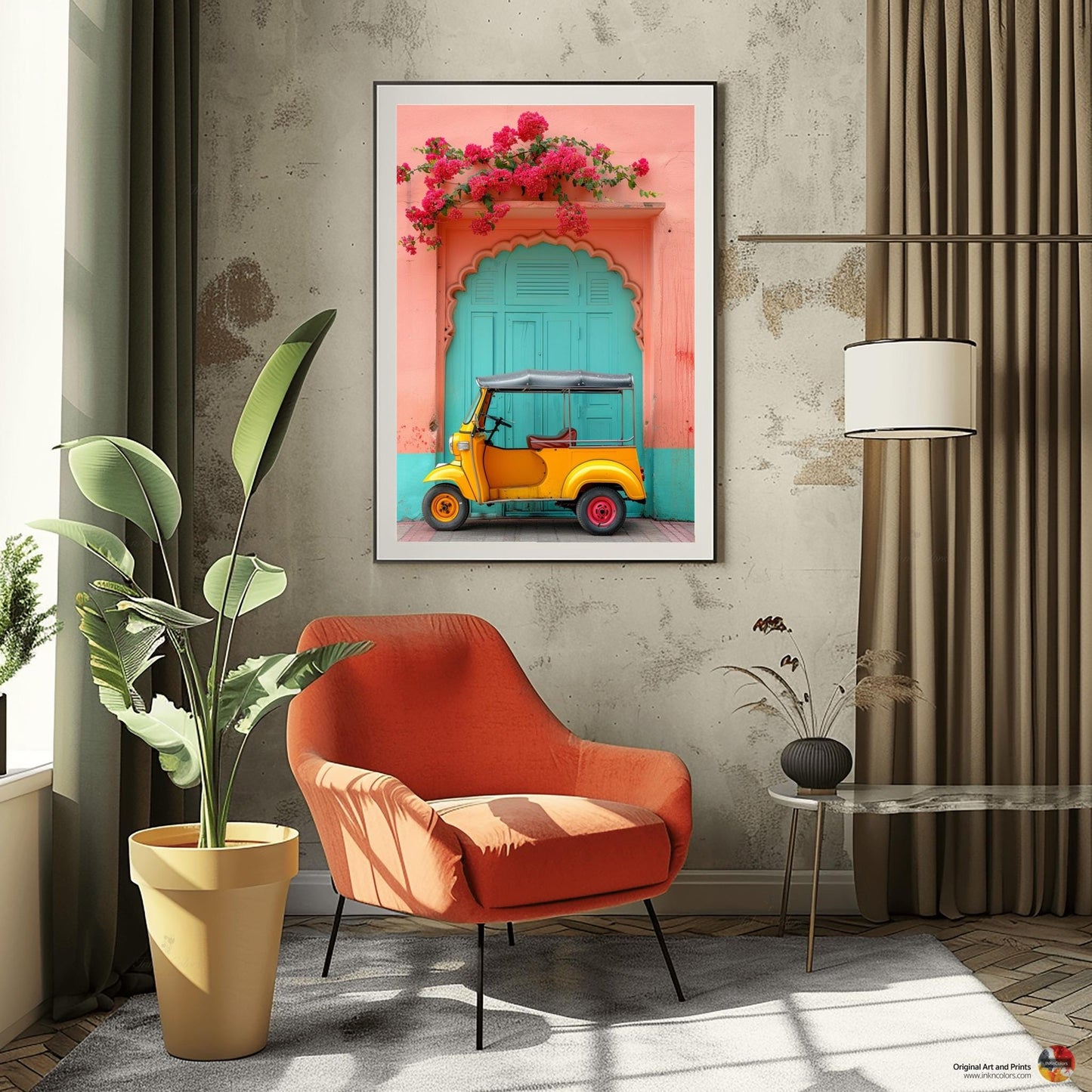 Desi poster art, Digital Painting, Bougainvillea and Tuk Tuk travel print, Modern Indian colorful Art,Desi Art,Indian home decor,Printable