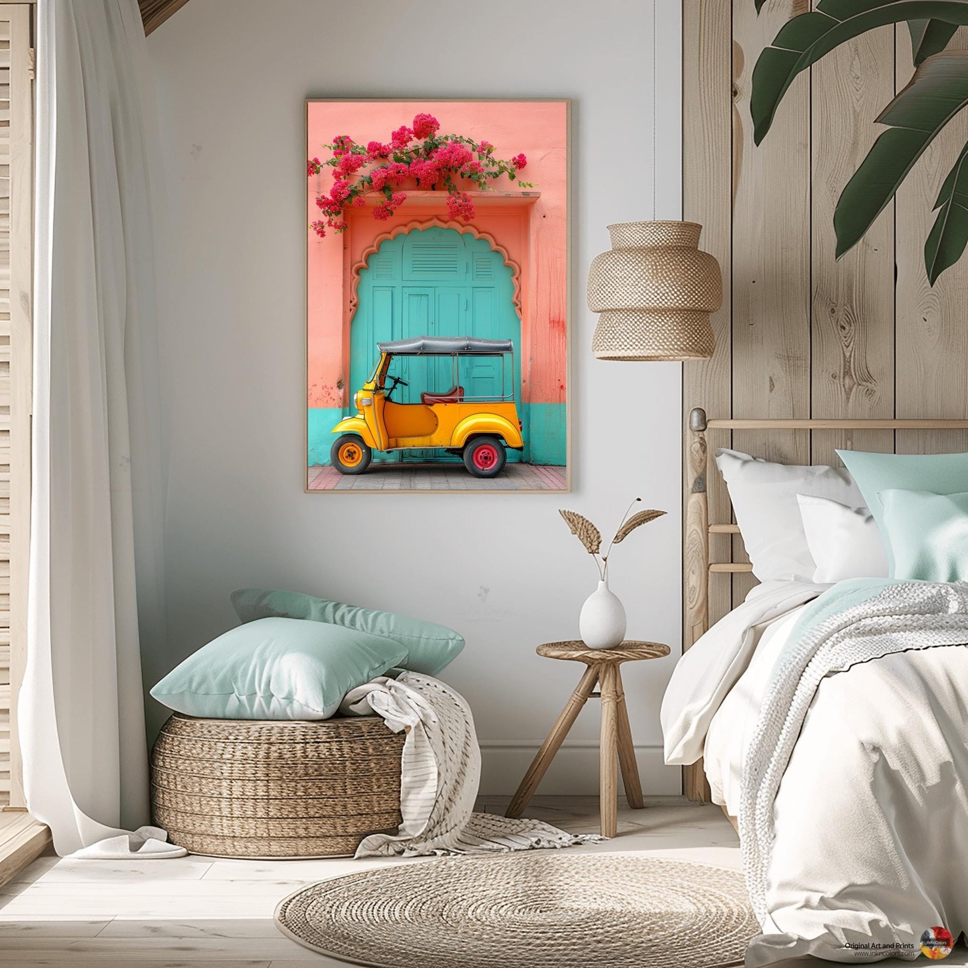 Desi poster art, Digital Painting, Bougainvillea and Tuk Tuk travel print, Modern Indian colorful Art,Desi Art,Indian home decor,Printable