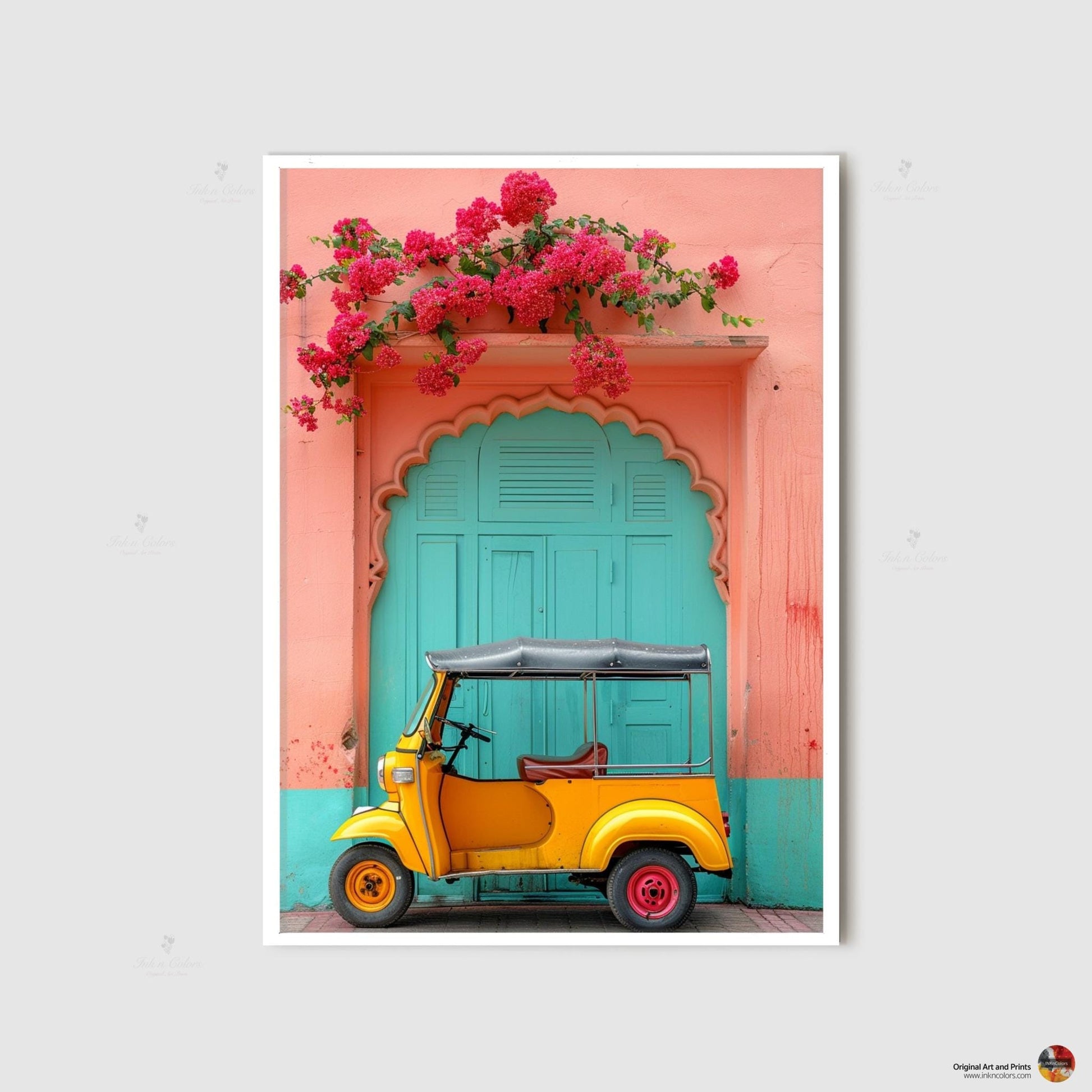 Desi poster art, Digital Painting, Bougainvillea and Tuk Tuk travel print, Modern Indian colorful Art,Desi Art,Indian home decor,Printable