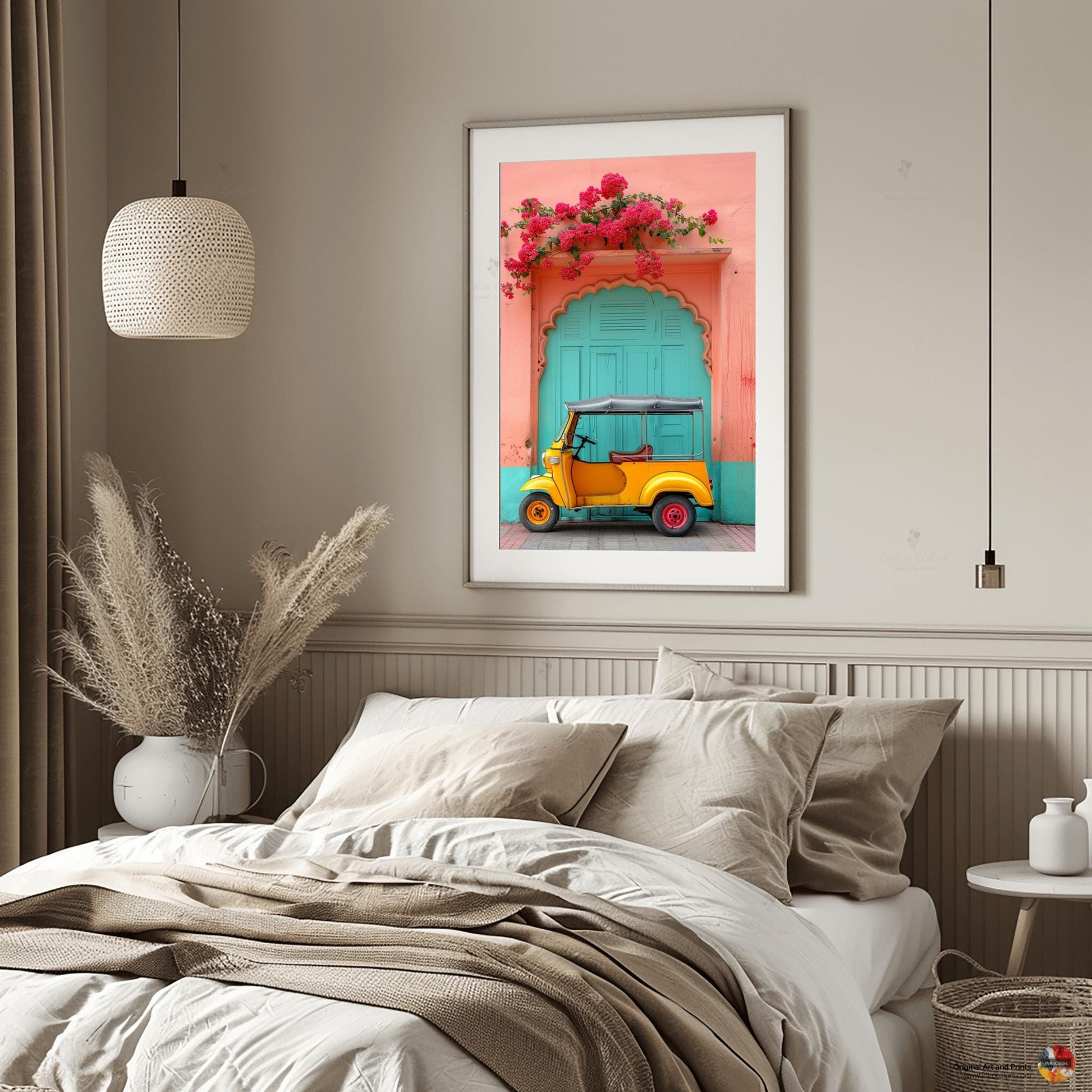 Desi poster art, Digital Painting, Bougainvillea and Tuk Tuk travel print, Modern Indian colorful Art,Desi Art,Indian home decor,Printable