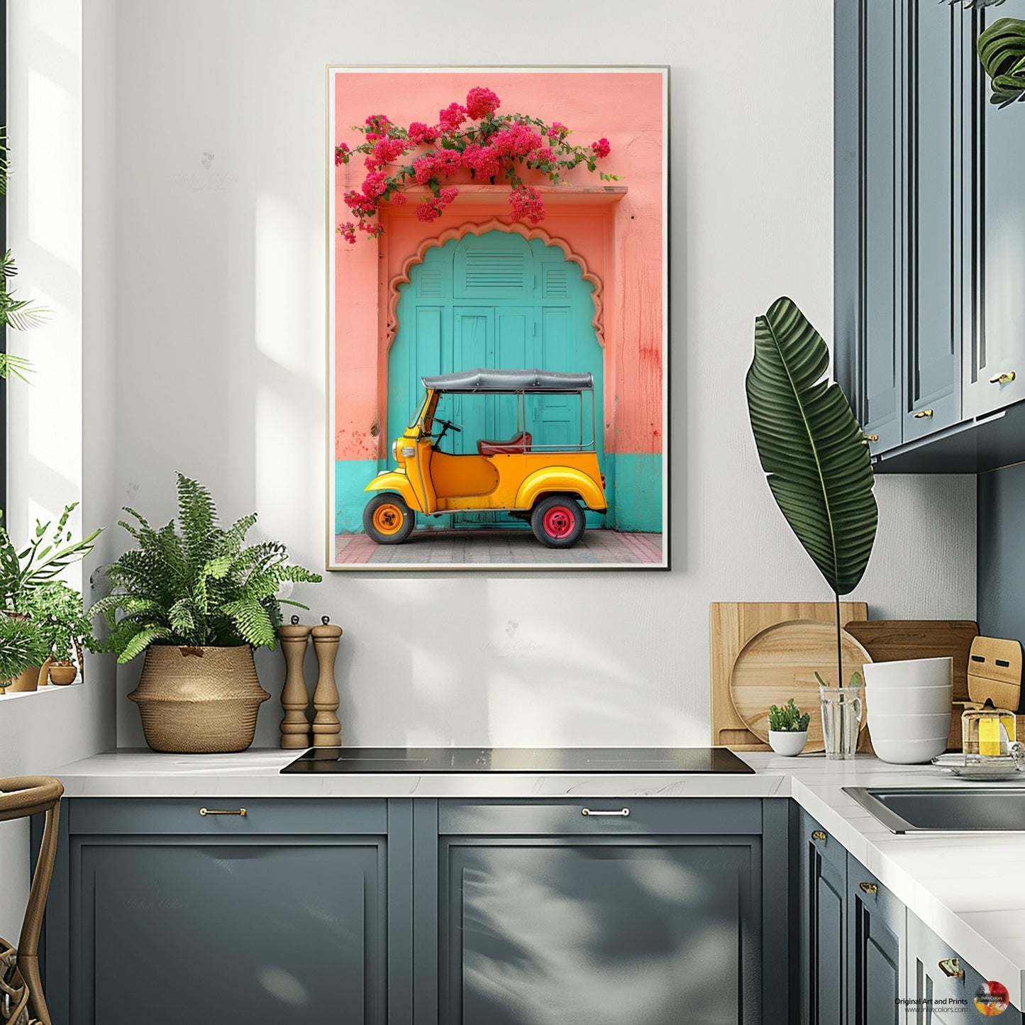 Desi poster art, Digital Painting, Bougainvillea and Tuk Tuk travel print, Modern Indian colorful Art,Desi Art,Indian home decor,Printable