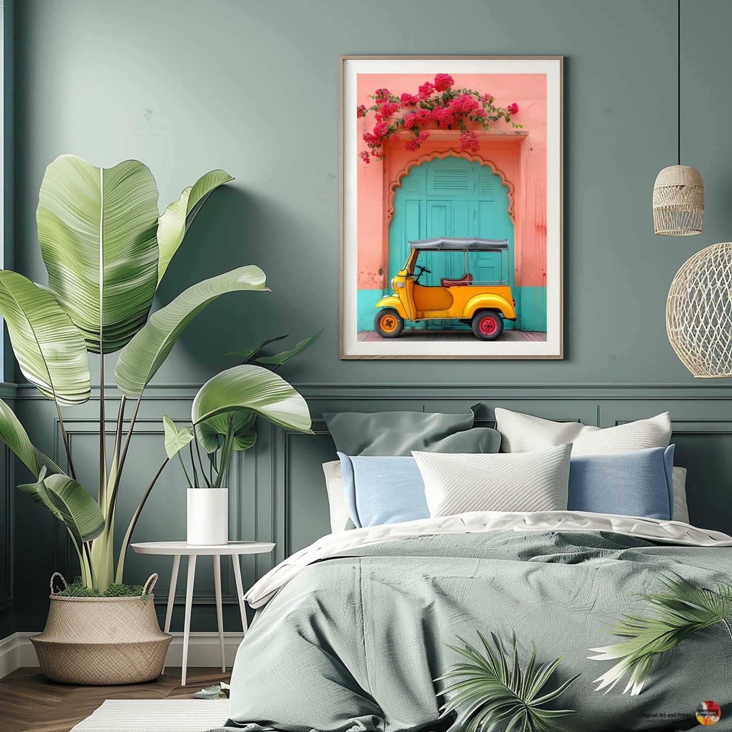 Desi poster art, Digital Painting, Bougainvillea and Tuk Tuk travel print, Modern Indian colorful Art,Desi Art,Indian home decor,Printable