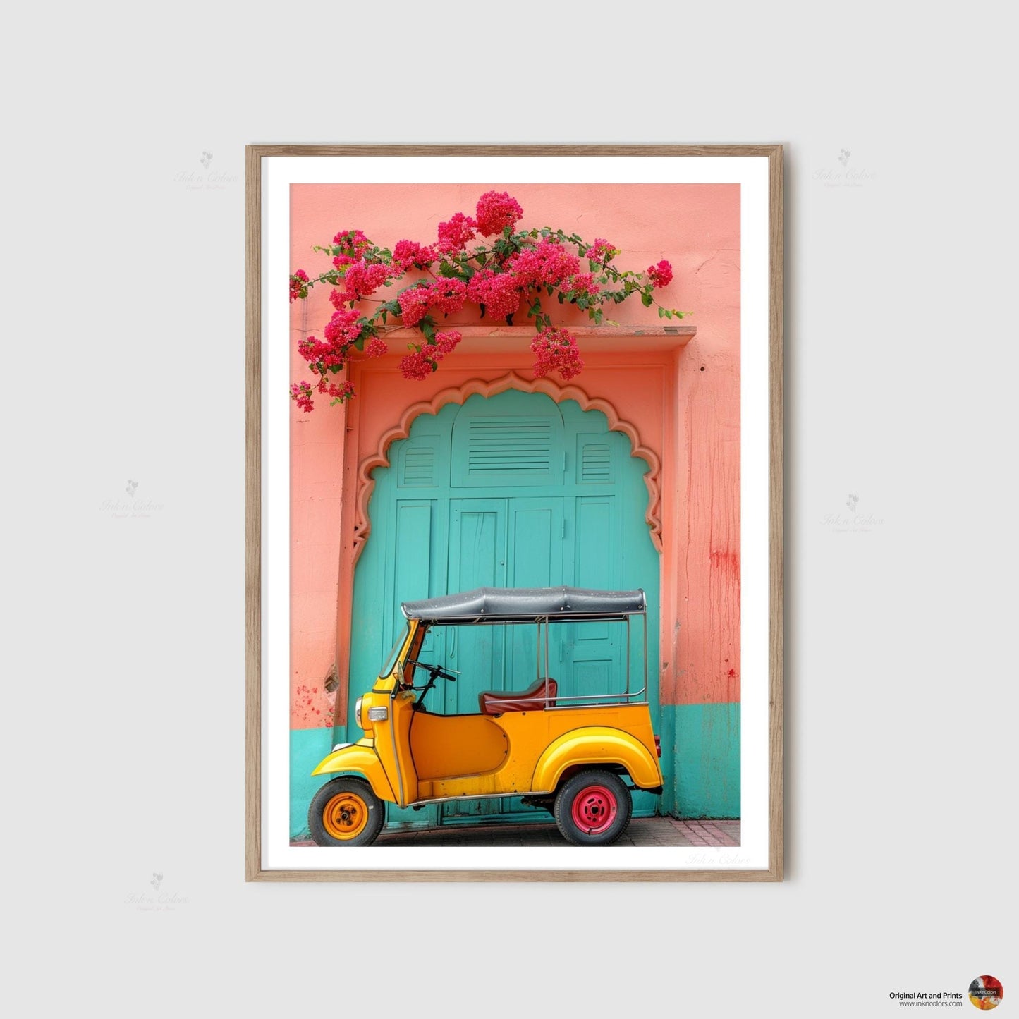 Desi poster art, Digital Painting, Bougainvillea and Tuk Tuk travel print, Modern Indian colorful Art,Desi Art,Indian home decor,Printable
