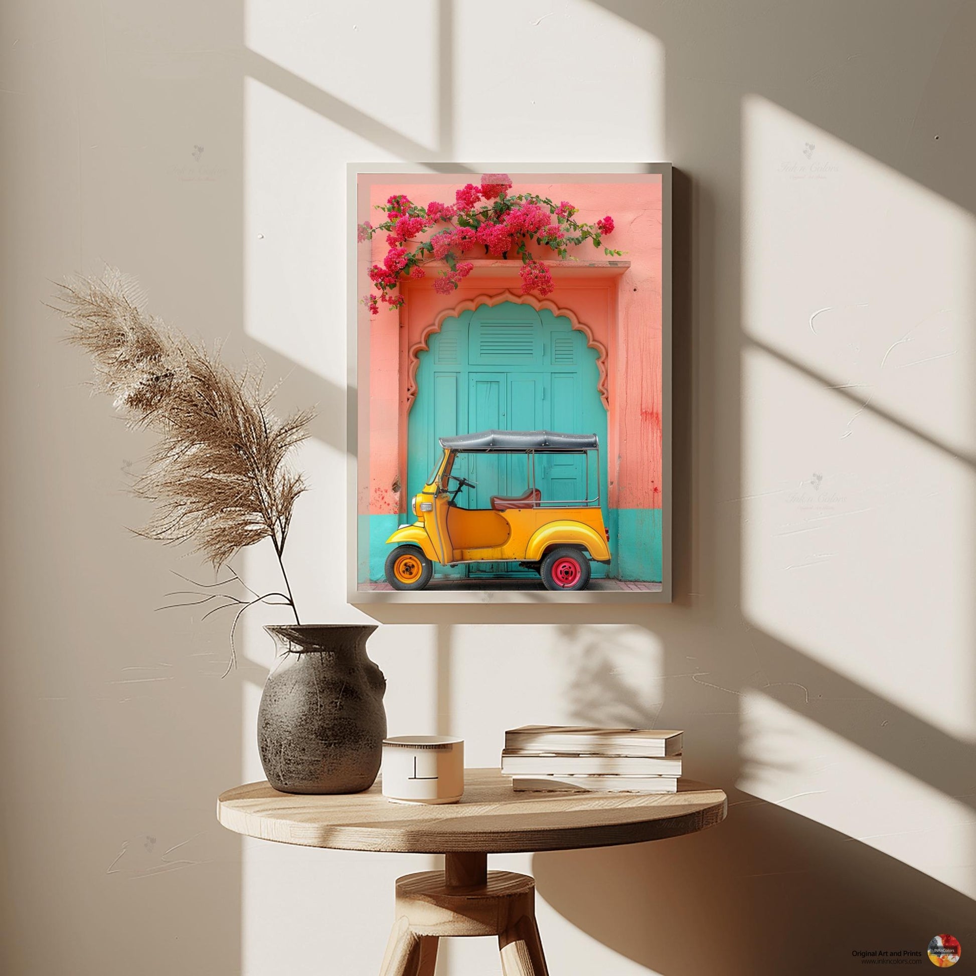 Desi poster art, Digital Painting, Bougainvillea and Tuk Tuk travel print, Modern Indian colorful Art,Desi Art,Indian home decor,Printable