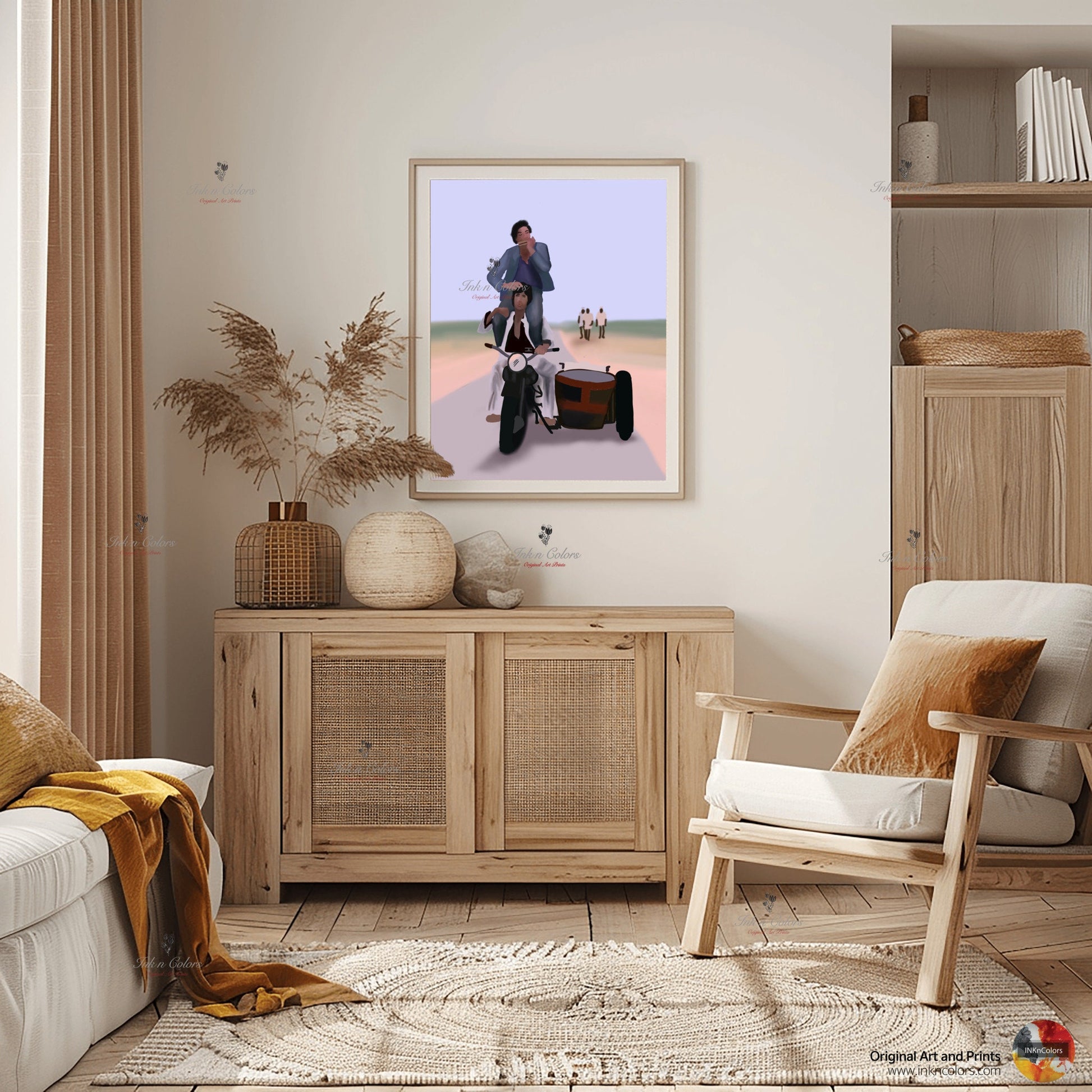 Bollywood Art,Sholay - Bike Scene,Amitabh,Movie Poster,Indian Films,Wall Decor,Desi Art Print,Drawing,Vintage film Poster,,UNFRAMED Art Prin