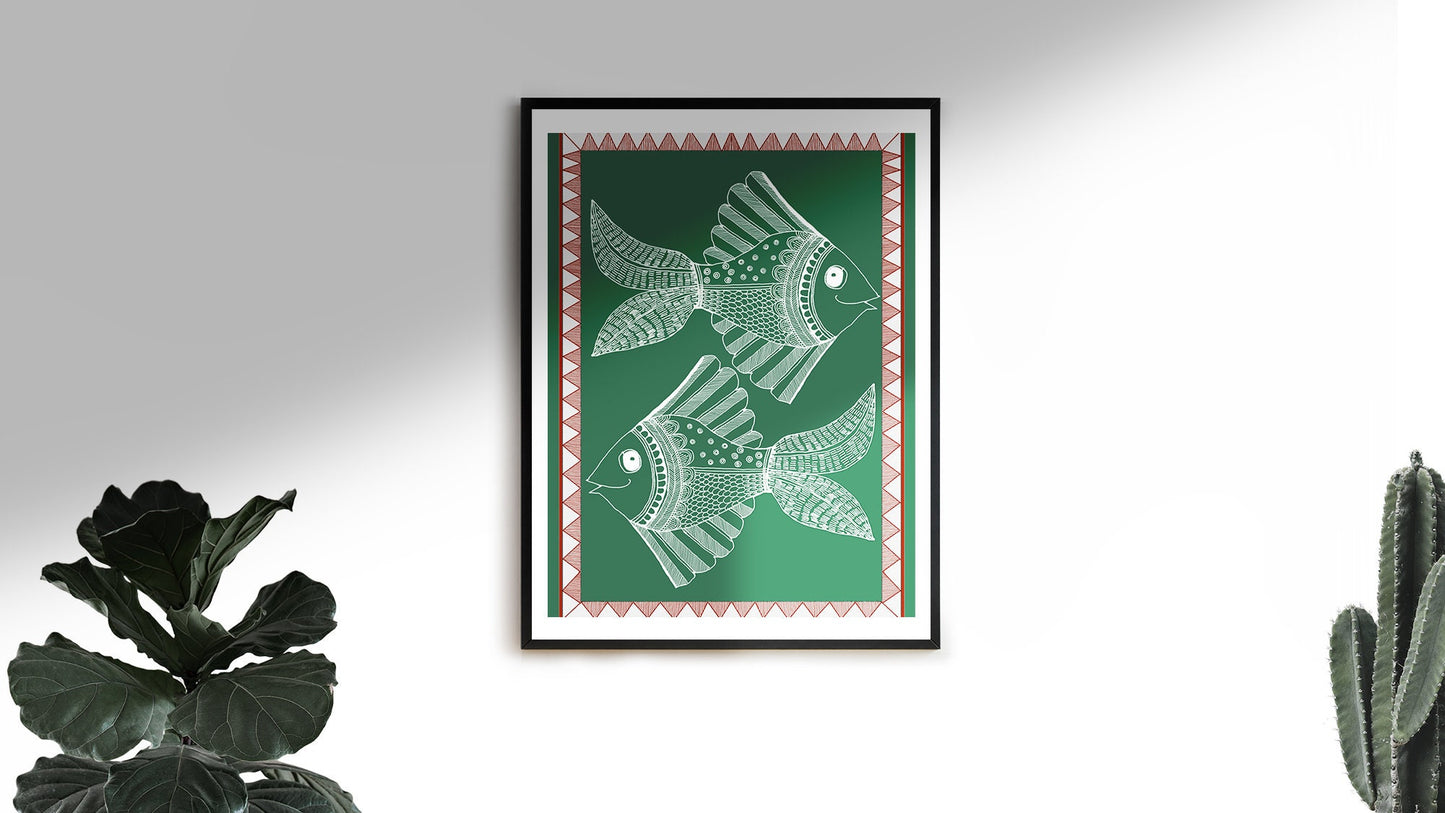 Folk Art | Two Fish - Green| Madhubani Collection | India Artwork