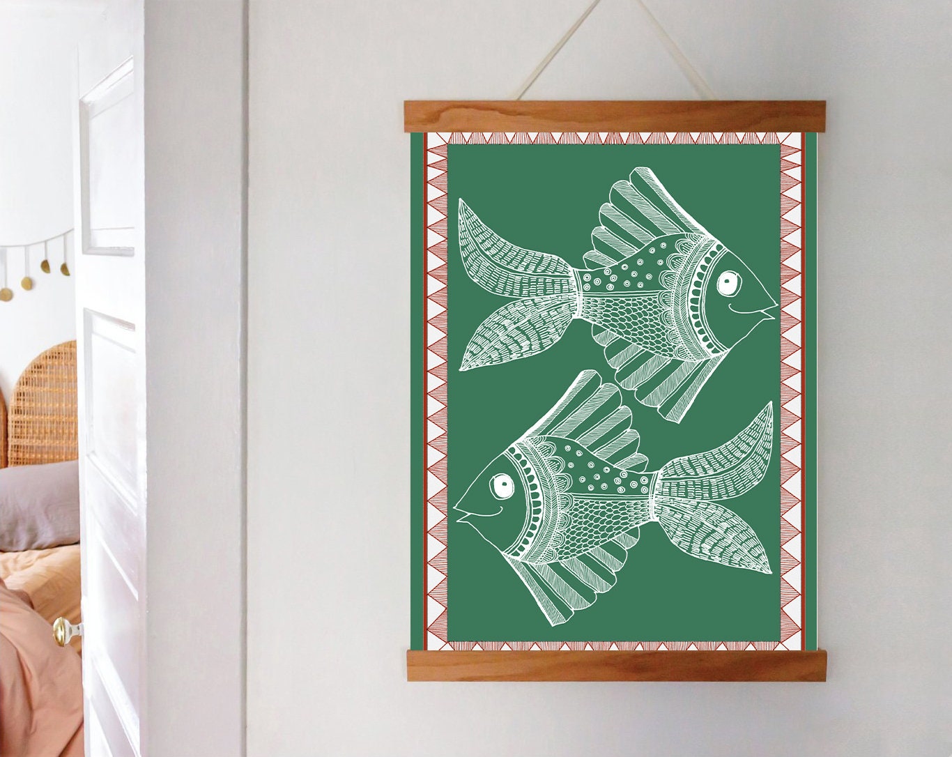 Folk Art | Two Fish - Green| Madhubani Collection | India Artwork