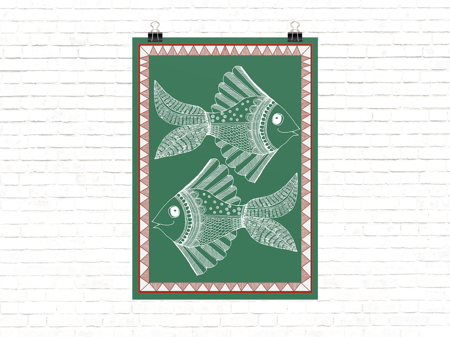 Folk Art | Two Fish - Green| Madhubani Collection | India Artwork