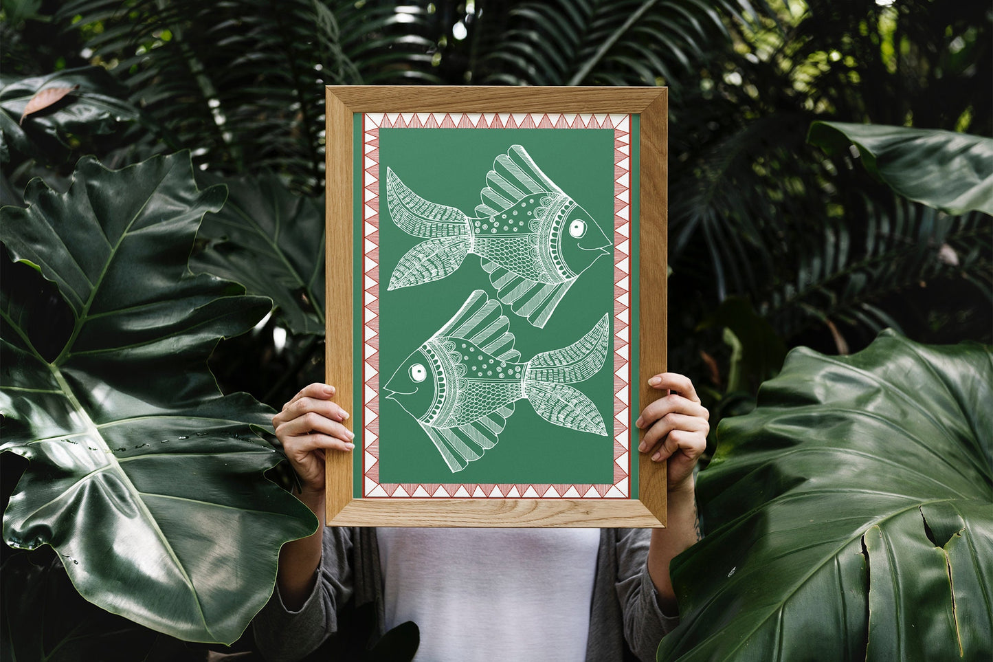 Folk Art | Two Fish - Green| Madhubani Collection | India Artwork