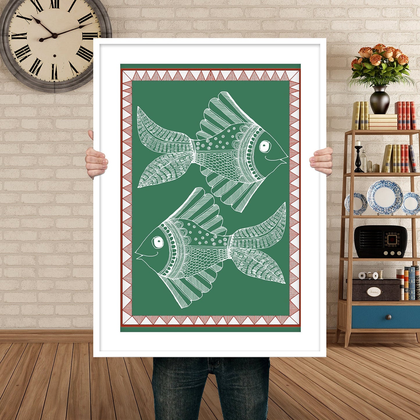 Folk Art | Two Fish - Green| Madhubani Collection | India Artwork